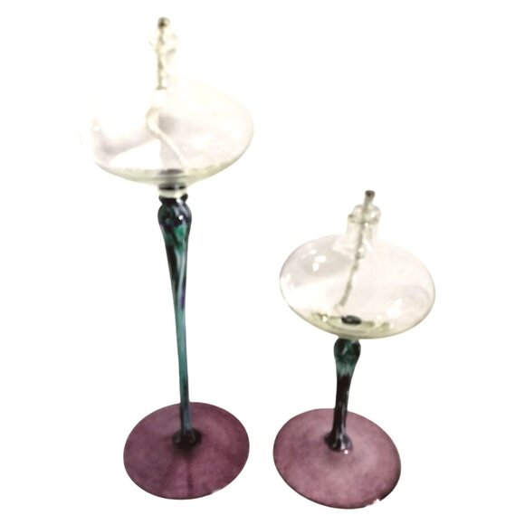 Handcrafted Glass Oil Candles Purple Base Green Swirled Stem Tall Pair - Picture 3 of 8